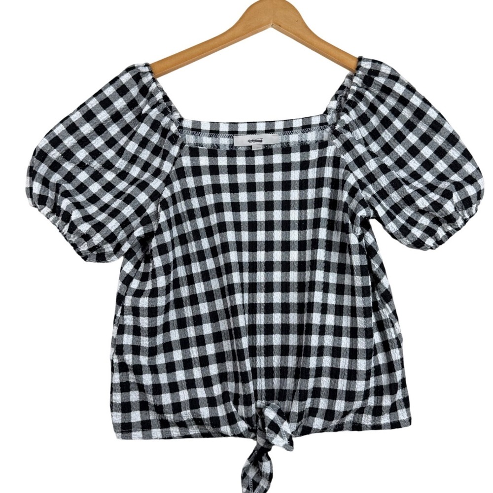 Loft Gingham Textured Square Neck Puff Sleeve Blouse size Small Black/White